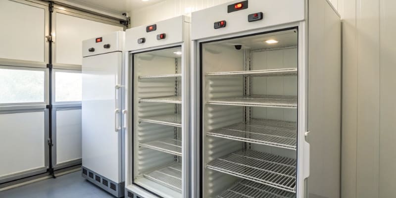 A clean, climate-controlled storage unit with shelves