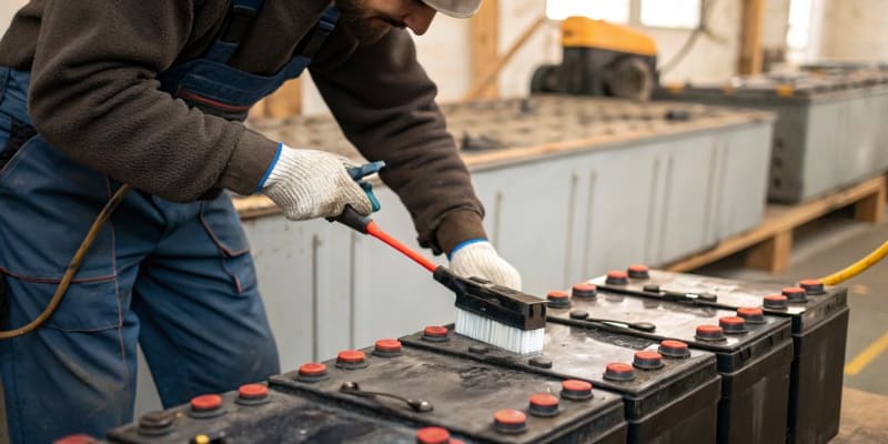 Proper Battery Maintenance A maintenance worker cleaning battery terminals
