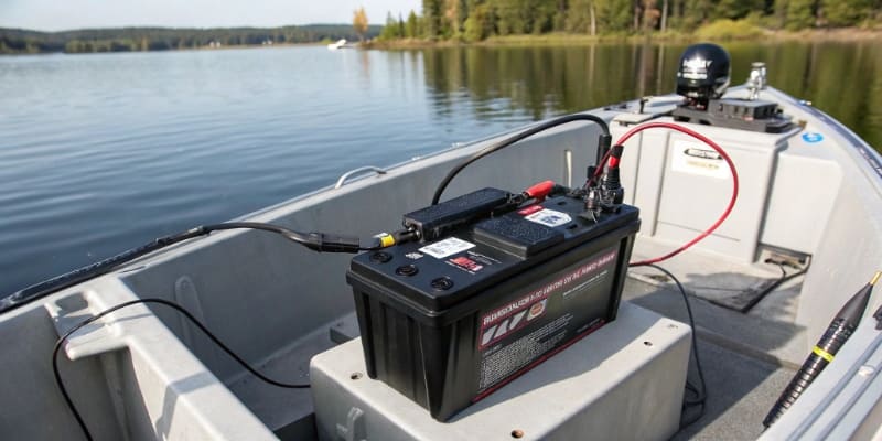 A high-quality LFP battery connected to a trolling motor