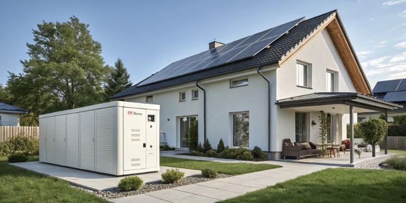 Home energy storage unit outside solar powered house