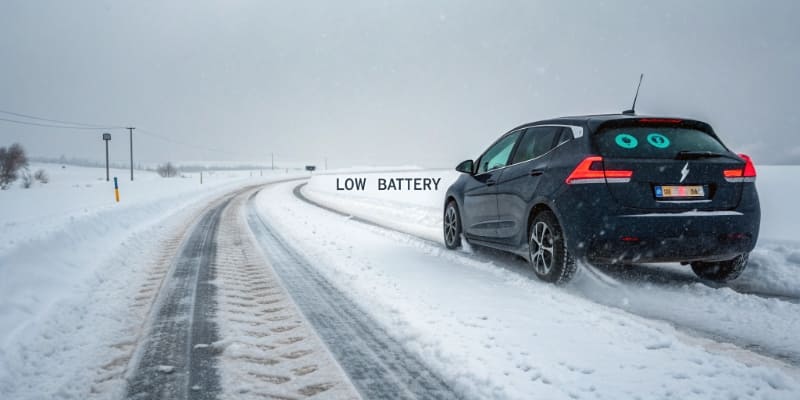 An electric car driving in the snow with a low battery warning