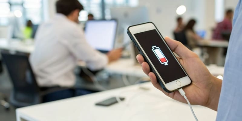 A pie chart showing common causes of battery drain: screen, apps, wireless radios, etc.