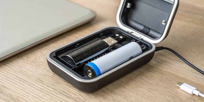 A compact electronic device being opened to show the NMC battery inside