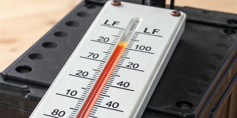 A thermometer graphic showing the optimal, caution, and danger zones for charging an LFP battery
