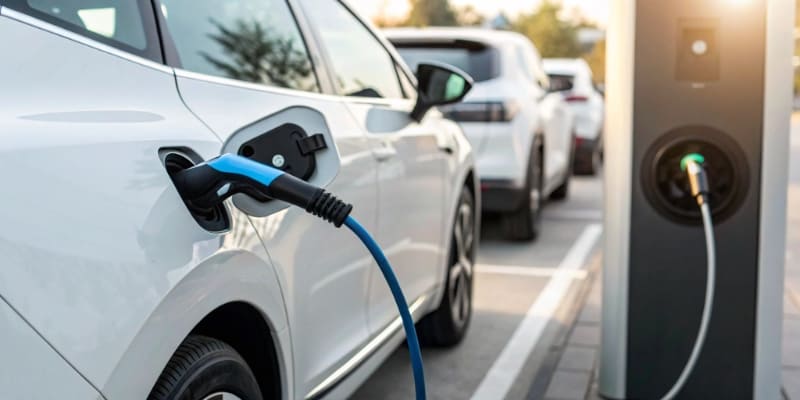 An LFP battery pack connected to a charger with a warning symbol for temperature