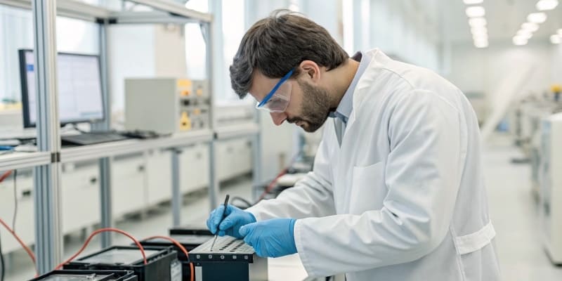 A lab technician examining a prototype solid-state battery cell