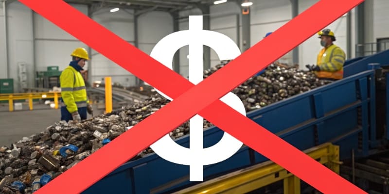 An illustration showing a recycling facility with a pile of LFP batteries and a dollar sign with a red cross over it