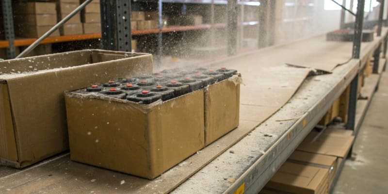 Damaged battery pack on storage shelf