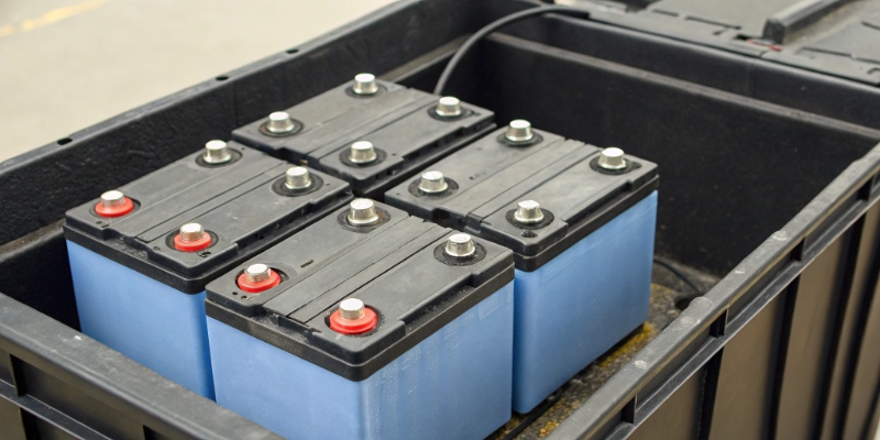 General Long-Term Lithium Battery Storage Several lithium batteries of different shapes, including a custom curved one, stored neatly in a container