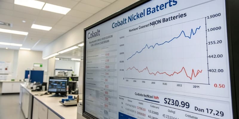 NMC Battery Raw Material Costs An image showing the fluctuating price charts for cobalt and nickel