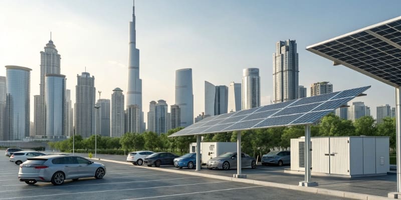 A futuristic graphic showing LFP batteries powering a smart city