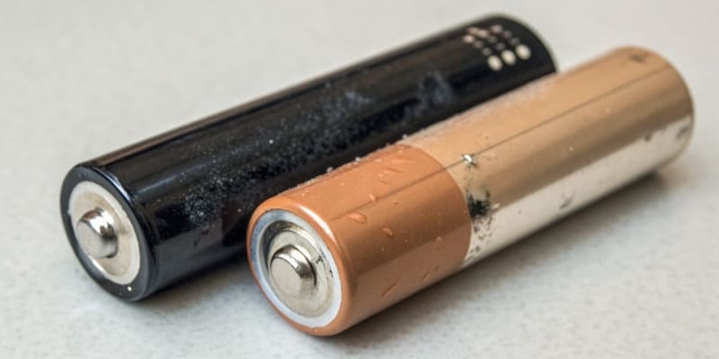 A genuine battery next to a poorly made counterfeit battery