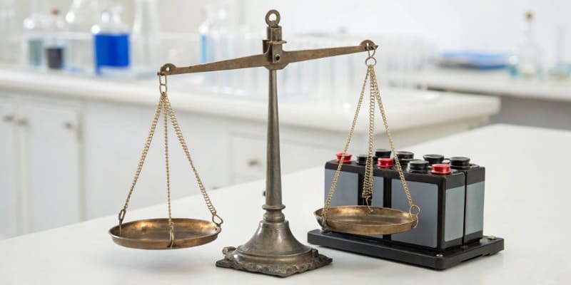 A scale balancing a battery labeled 'Energy' and one labeled 'Power'