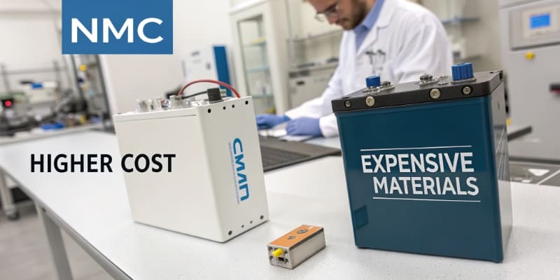 A graphic showing the higher cost and materials of an NMC battery