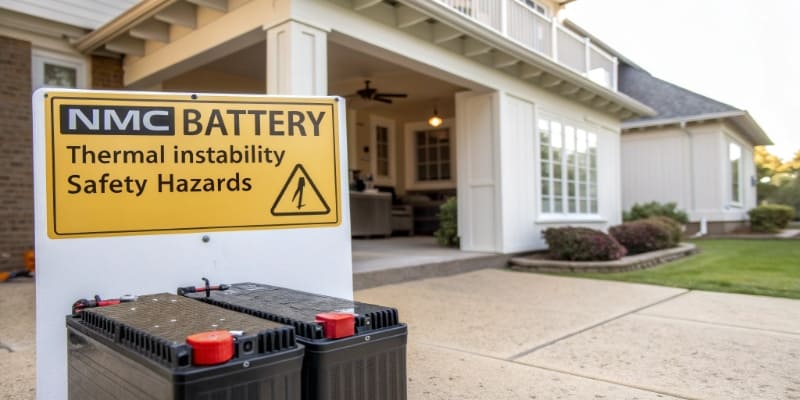 Disadvantages of NMC Batteries A graphic showing a caution sign over an NMC battery in a home setting