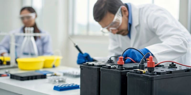 Scientists testing batteries in lab