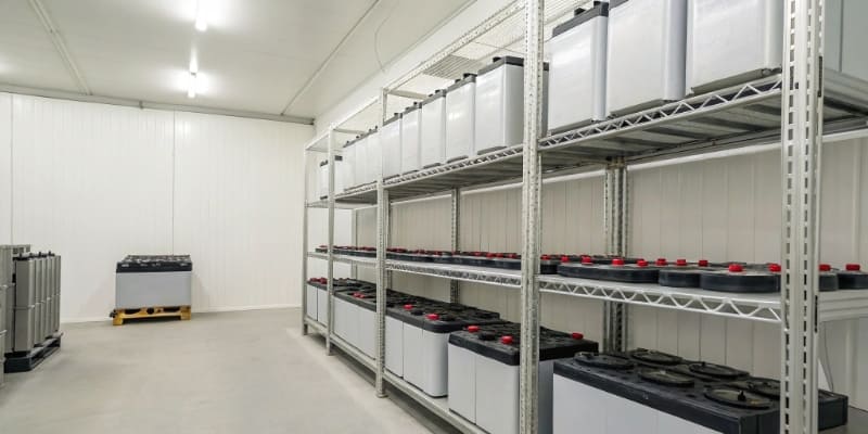 Batteries stored on a shelf in a cool, climate-controlled warehouse
