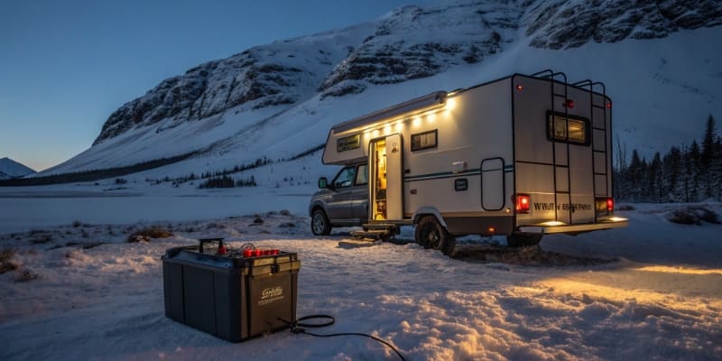 Best battery for off-grid camper An off-grid camper in a remote, snowy landscape with lights on
