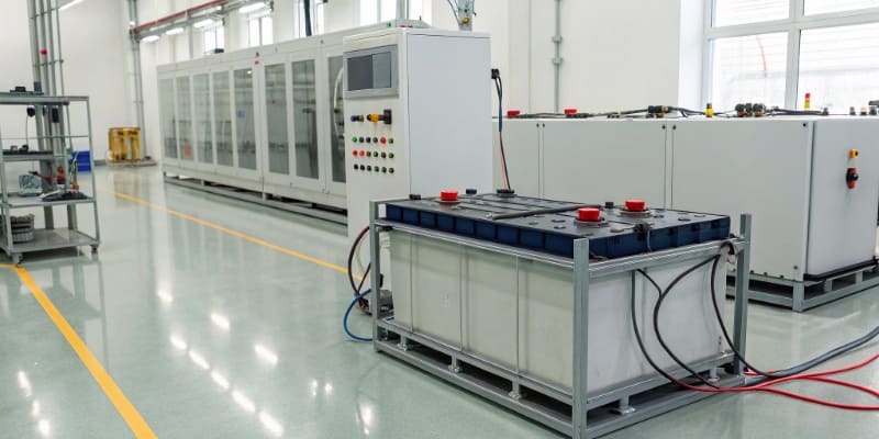 A high-tech battery lab with a battery undergoing a long-term test