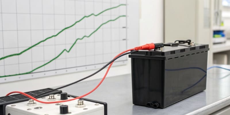 An EV plugged into a DC fast charger with a graphic overlay showing heat radiating from the battery
