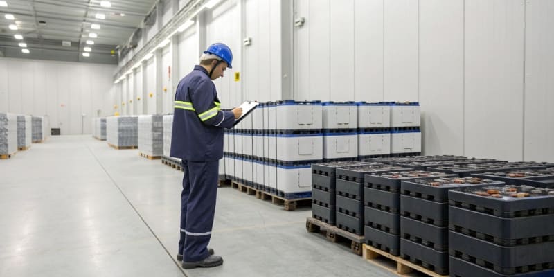 Battery modules storage on metal shelves