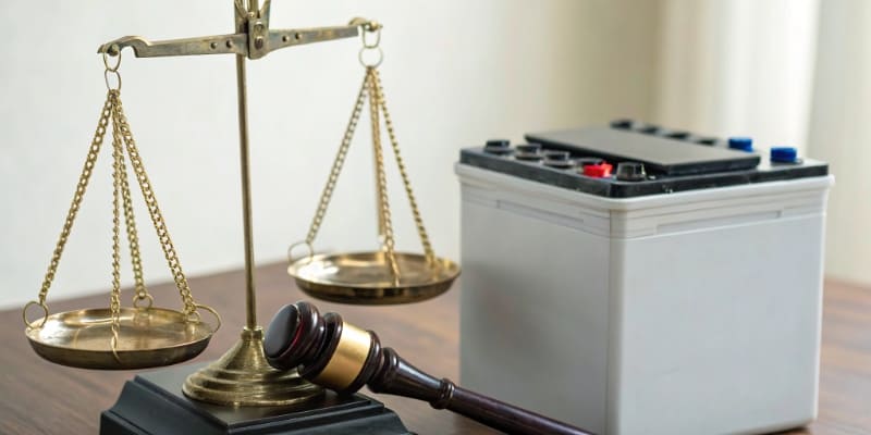 An image of a scale balancing an LFP battery on one side and an NMC battery on the other, with a gavel representing regulations in the background