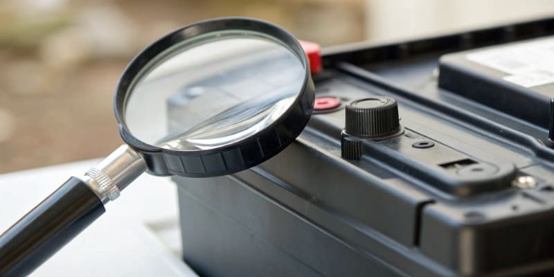 A close-up of a battery's date code with a magnifying glass over it