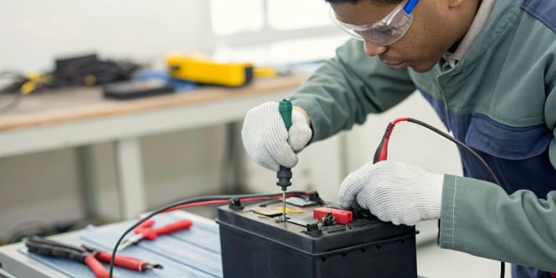 A person attempting to safely boost a dead lithium battery with proper equipment