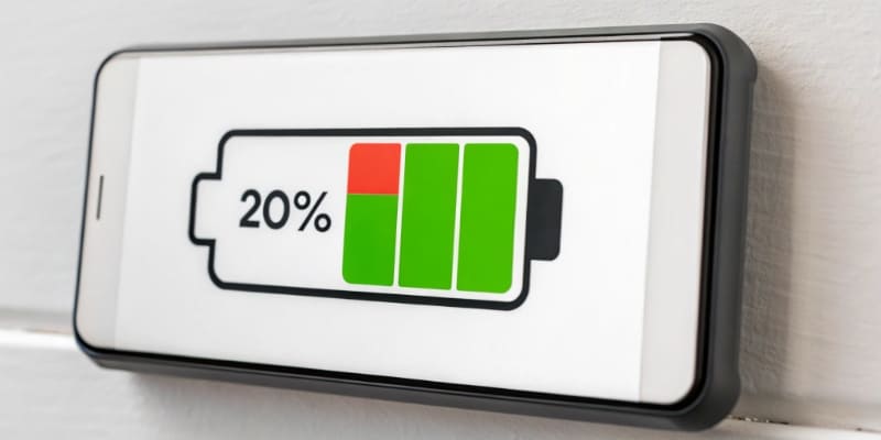 A battery icon showing it being discharged down to 20% full before recharging