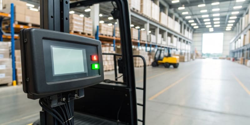 Full Battery Charge Indicator A digital display on a forklift showing full battery charge