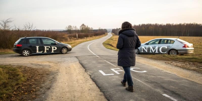 Person chooses between car labeled LFP and car labeled NMC at crossroads