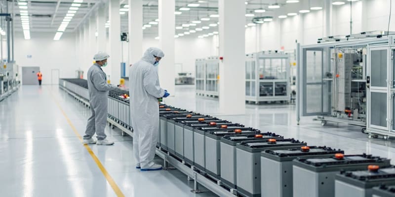 An image of a high-tech battery manufacturing facility