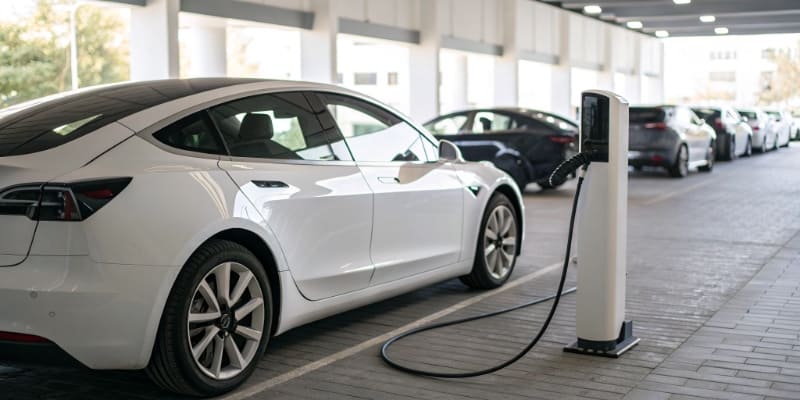 An image of a Tesla Model 3 charging