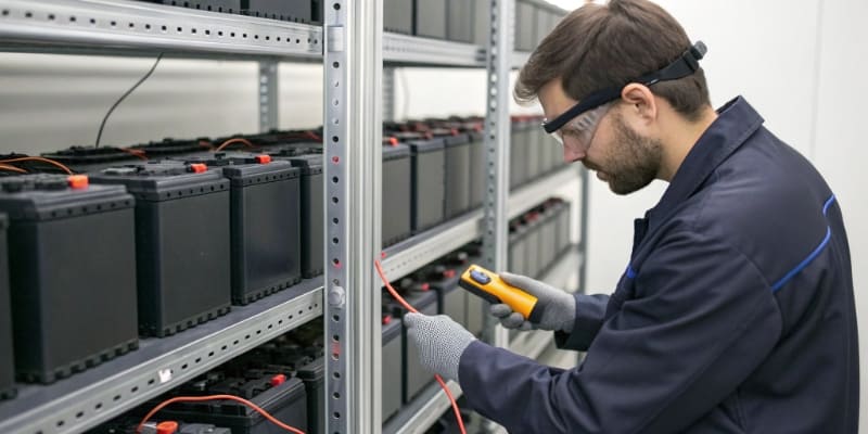 Engineer checking battery storage racks
