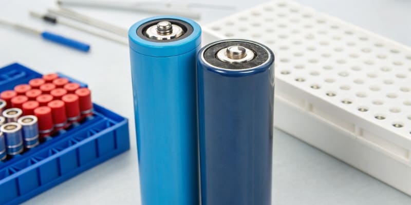 Different Lithium Battery Chemistries A close-up of different battery cell types, like 18650 and pouch cells