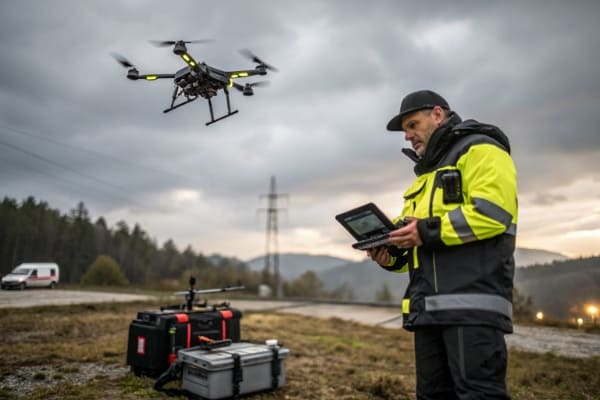 Industrial drone operation with lithium battery power, outdoors