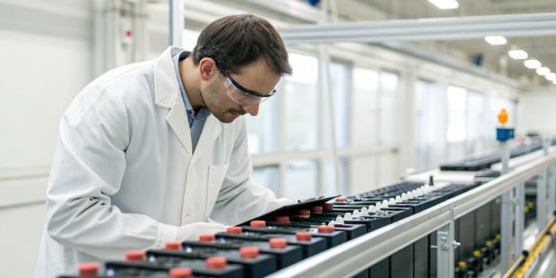 A quality control engineer inspecting batteries on a production line