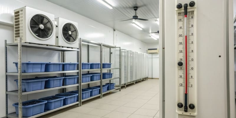 A thermometer showing a cool temperature in a clean storage area