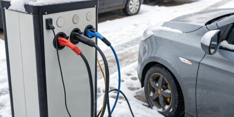EV charging station in winter snowy conditions