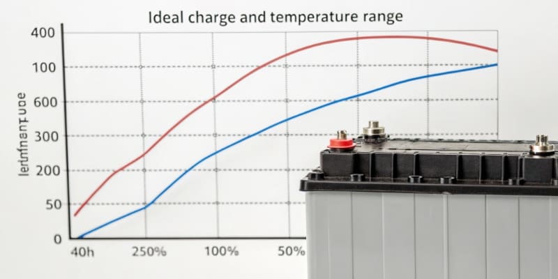 A diagram showing the ideal charge and temperature range for a lithium battery