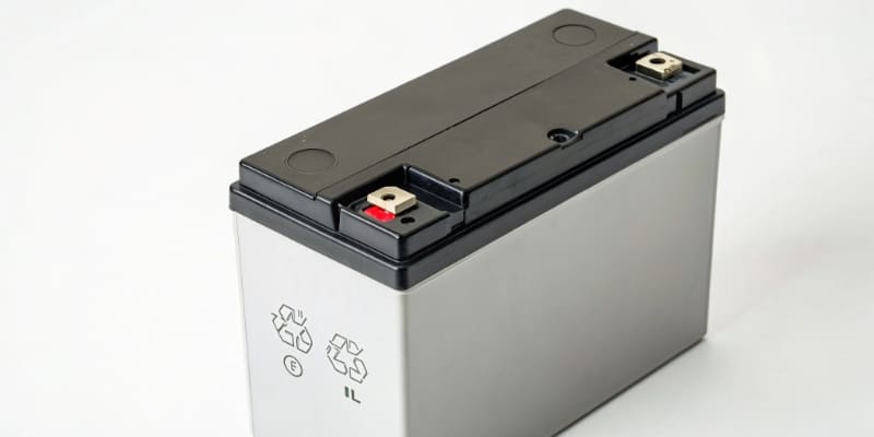 Close-up of a lithium battery with a UL certification mark clearly visible
