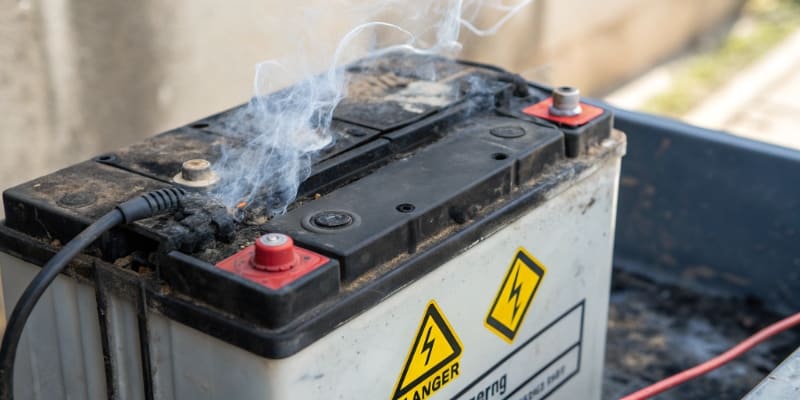 An image of a damaged battery pack with a warning symbol