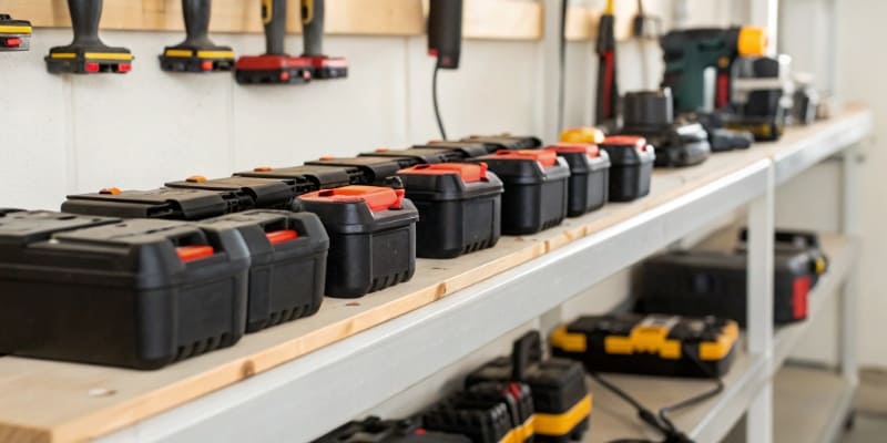 A collection of power tool batteries stored on a shelf in a workshop