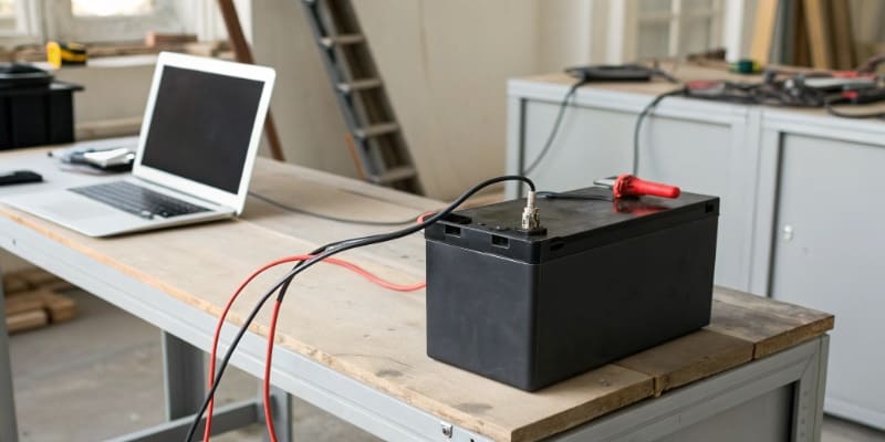 A battery being charged on a workbench, with its charge level shown on a monitor