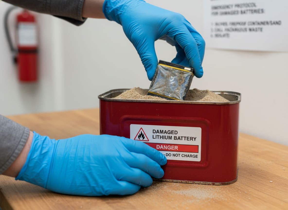 Safe Handling of a Water-Damaged Lithium Battery Safety gloves and a fireproof container for handling a damaged battery