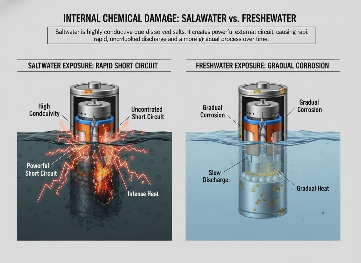 Internal Chemical Damage in a Lithium Battery Diagram showing the internal components of a lithium battery with corrosion points highlighted