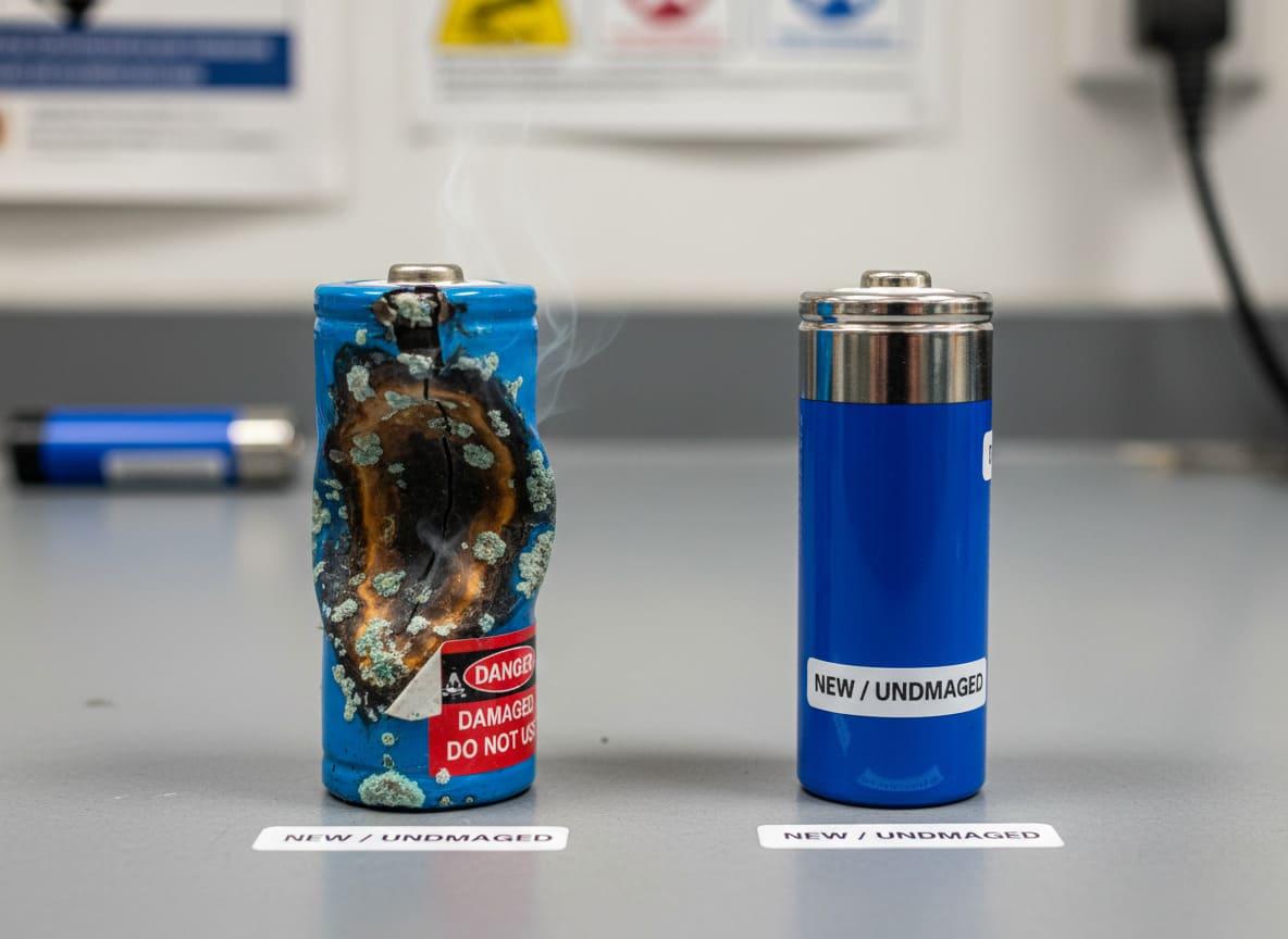 Signs of a Damaged Lithium Battery A swollen and corroded lithium battery next to a new one
