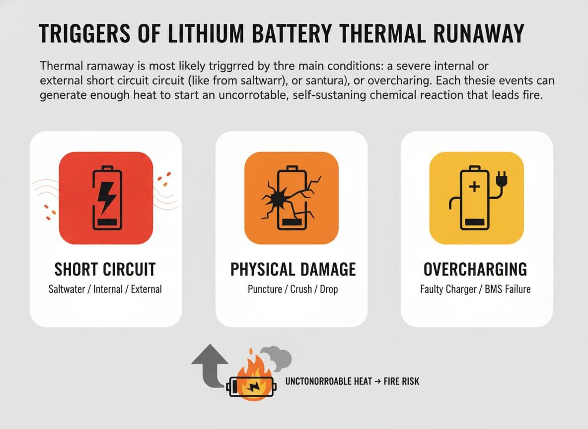 Triggers of Lithium Battery Thermal Runaway Infographic showing the three main triggers of thermal runaway: short circuit, physical damage, overcharging