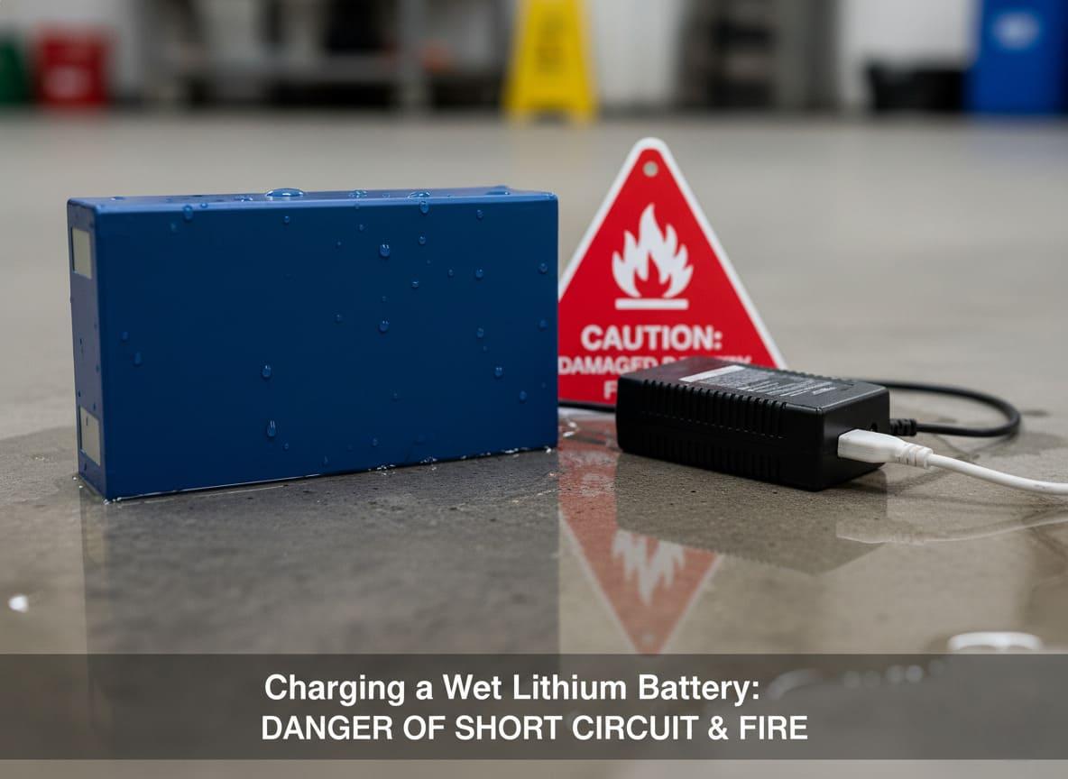 A wet lithium battery next to a charger