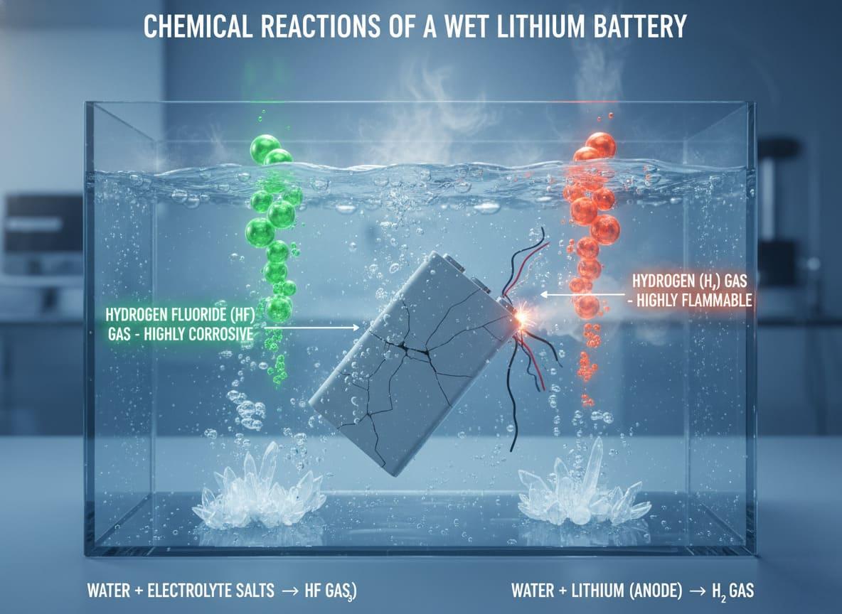 A lithium battery submerged in water with bubbles coming off it